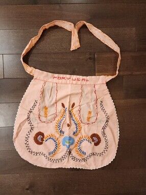 Embroidered Vintage Portugal Traditional Cooking And Baking Apron In Salmon Pink